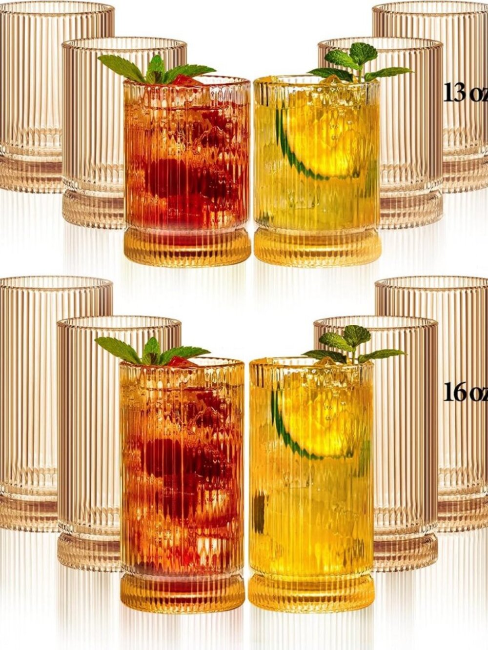 Vintage Ribbed Glassware Set - 12 Pcs Highball & Rocks Glasses for Iced Coffee